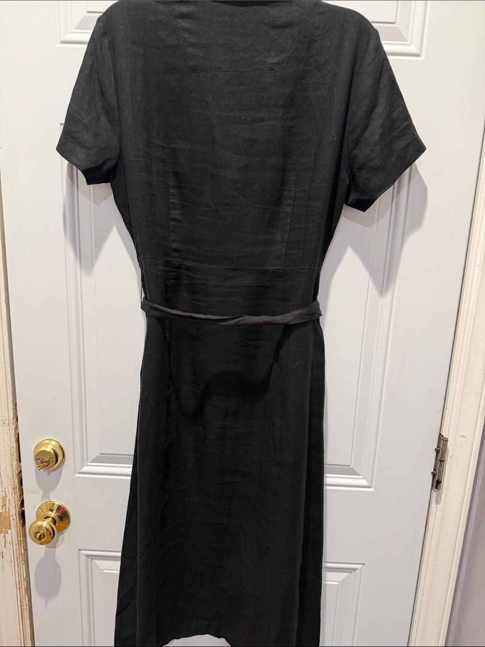 Quince Black Midi Button-Front Linen Dress with Waist Tie - Picture 5 of 8